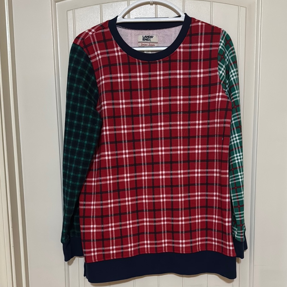 Lands' End Red and Green Crew Neck Sweater